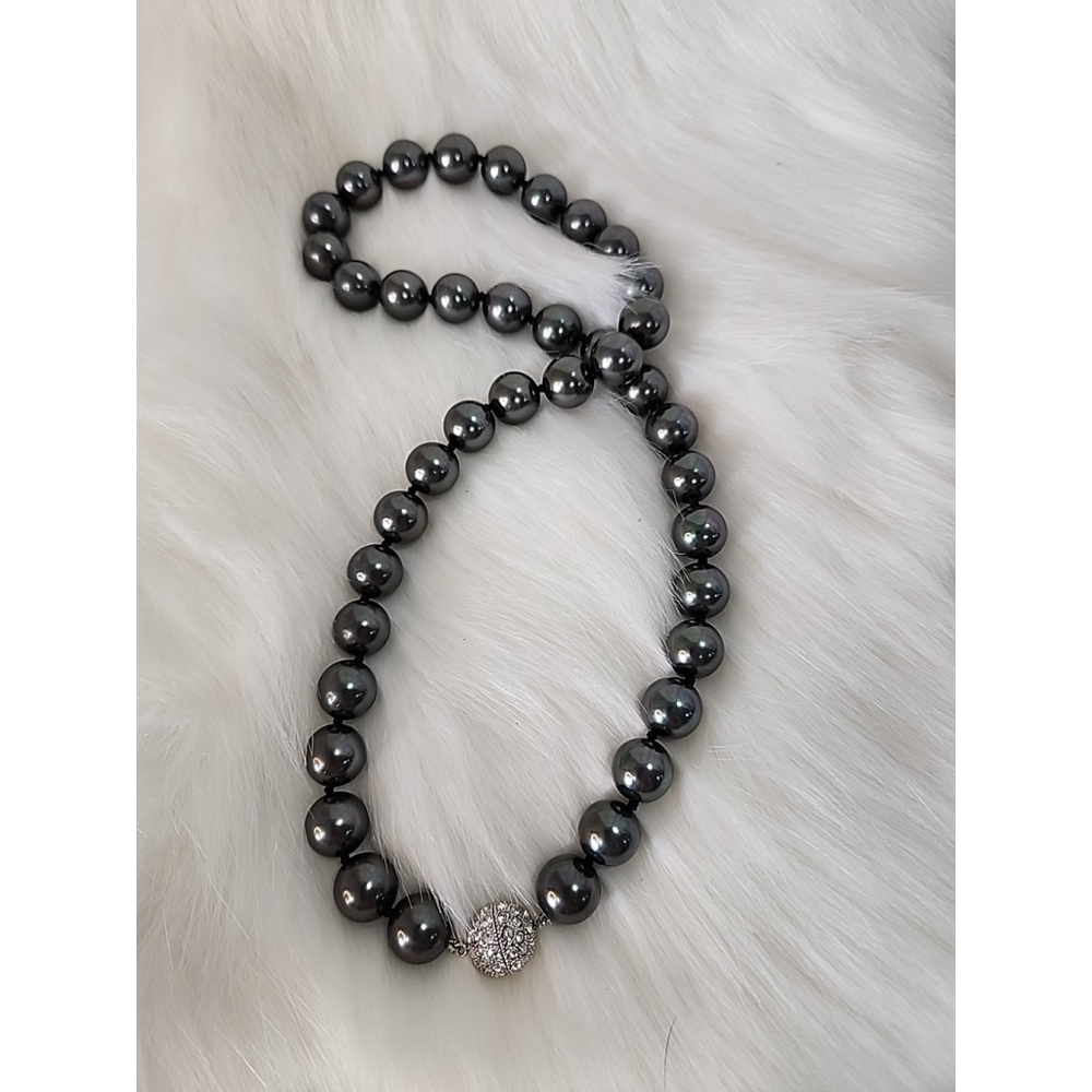 Tahitian Pearl Necklace Pave Crystal Bead 24 Inch - Picture 2 of 6